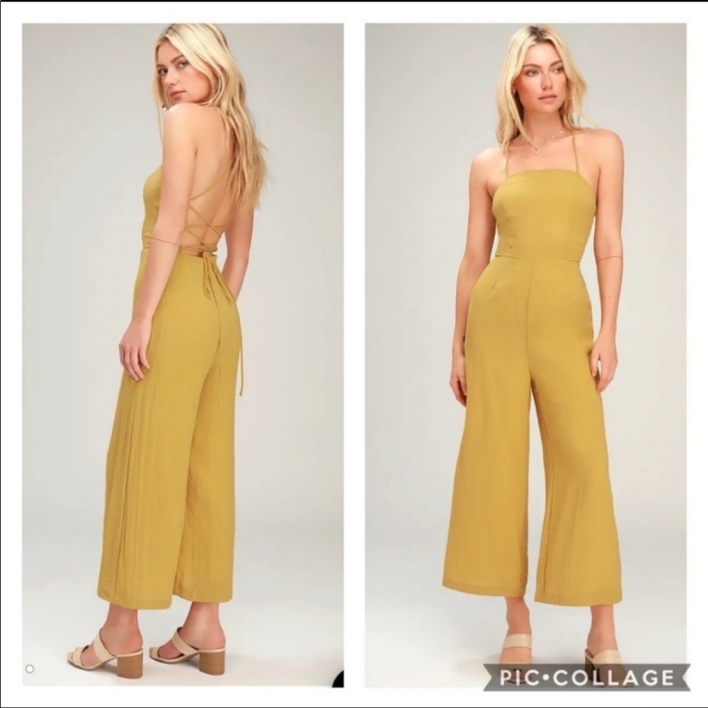 LuLu's Adelia Mustard Yellow Lace-Up Culotte Jumpsuit
